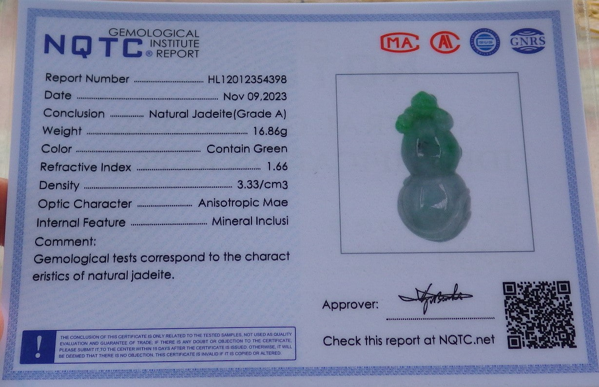 Certified Green Burma 100% Natural A Jade jadeite Pendant Frog Toad Gourd Necklace 招财蟾 639541  TN