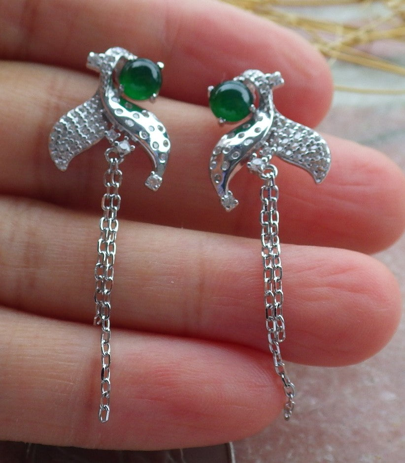 Certified Icy Green Sterling Silver 0.925 Burma Natural A Jade jadeite Cabochon Flower Earrings Earring Dangle 耳环 639631  TN