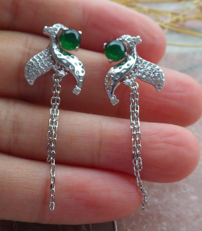 Certified Icy Green Sterling Silver 0.925 Burma Natural A Jade jadeite Cabochon Flower Earrings Earring Dangle 耳环 639631  TN