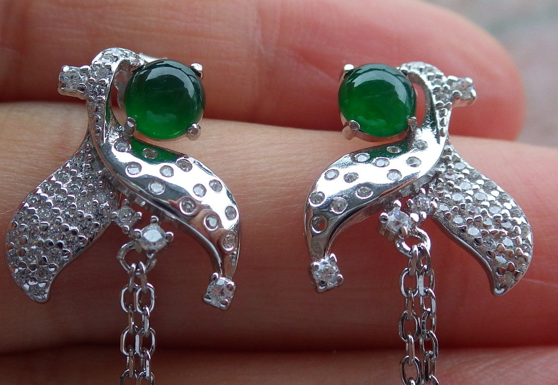 Certified Icy Green Sterling Silver 0.925 Burma Natural A Jade jadeite Cabochon Flower Earrings Earring Dangle 耳环 639631  TN