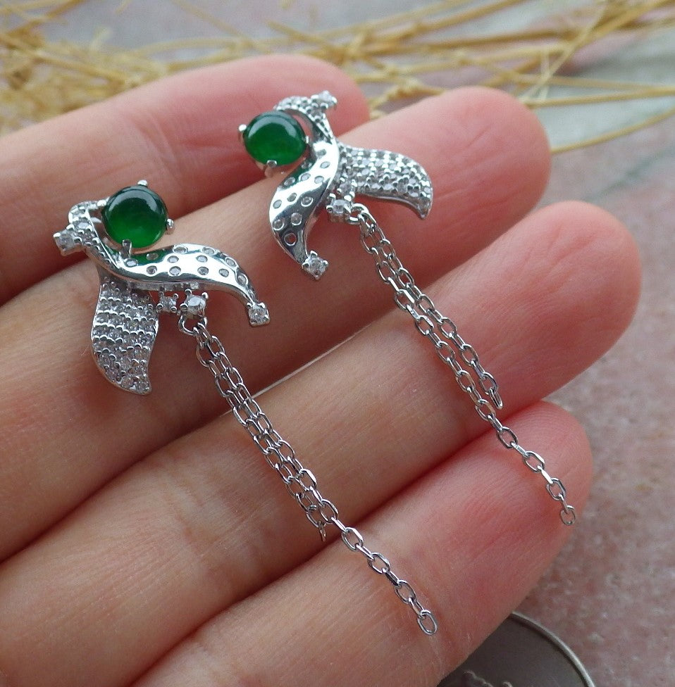 Certified Icy Green Sterling Silver 0.925 Burma Natural A Jade jadeite Cabochon Flower Earrings Earring Dangle 耳环 639631  TN