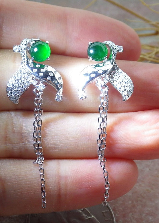 Certified Icy Green Sterling Silver 0.925 Burma Natural A Jade jadeite Cabochon Flower Earrings Earring Dangle 耳环 639631  TN