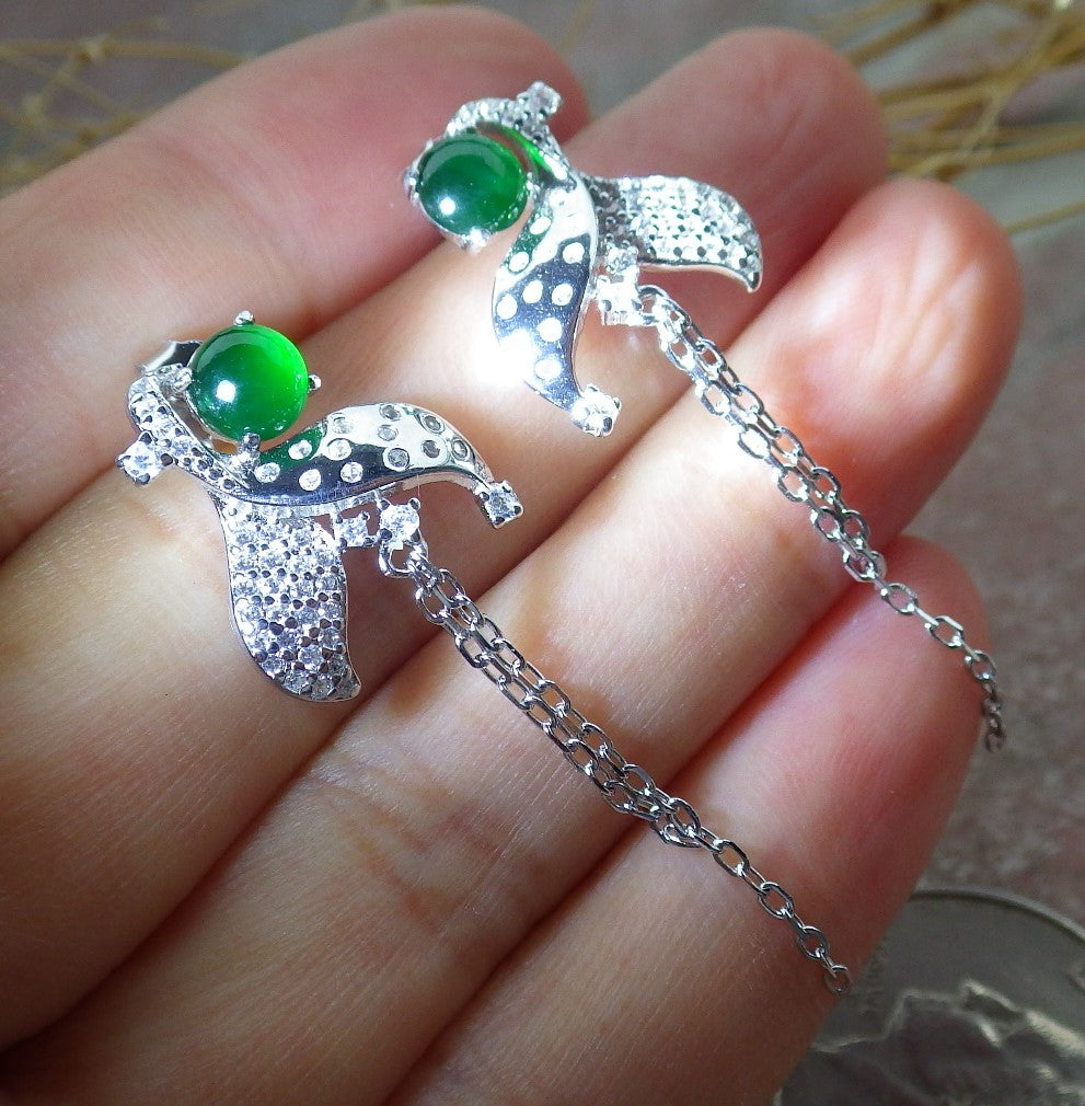 Certified Icy Green Sterling Silver 0.925 Burma Natural A Jade jadeite Cabochon Flower Earrings Earring Dangle 耳环 639631  TN