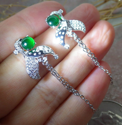 Certified Icy Green Sterling Silver 0.925 Burma Natural A Jade jadeite Cabochon Flower Earrings Earring Dangle 耳环 639631  TN