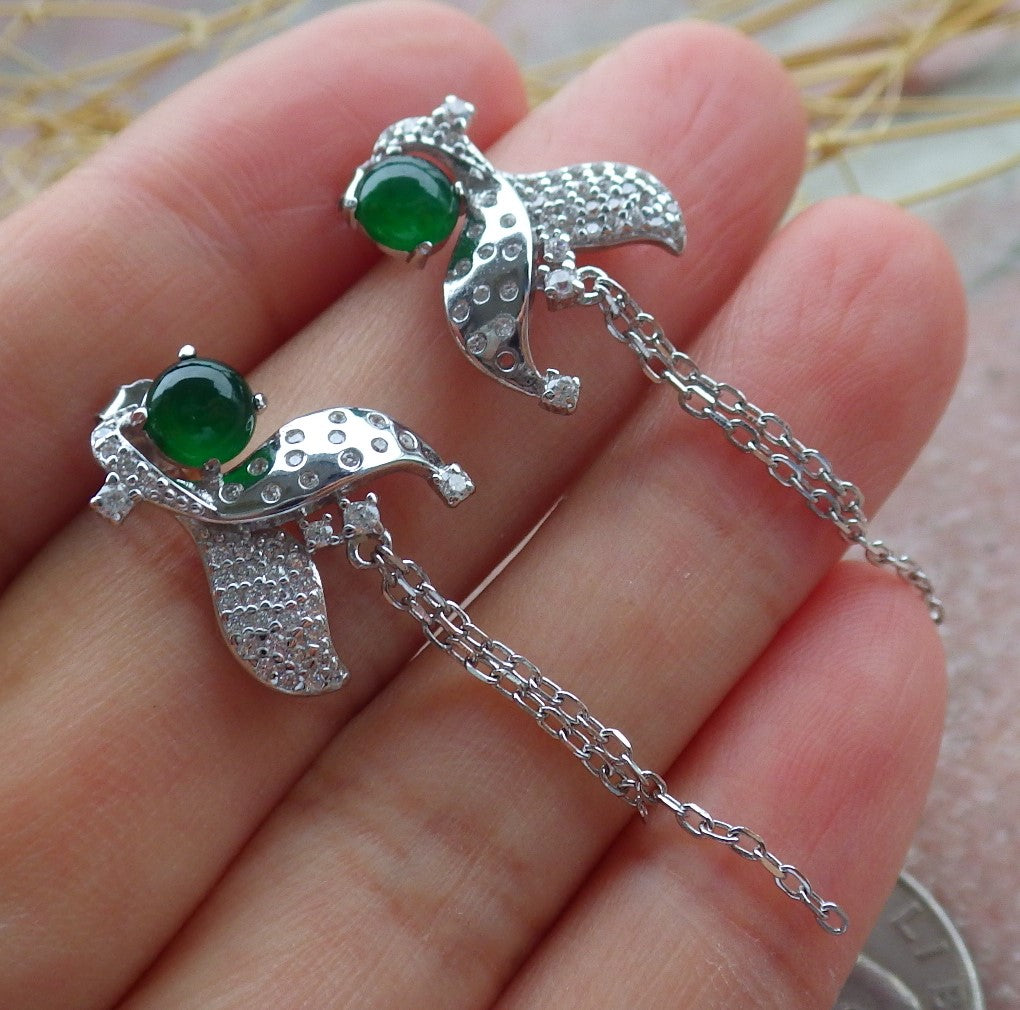 Certified Icy Green Sterling Silver 0.925 Burma Natural A Jade jadeite Cabochon Flower Earrings Earring Dangle 耳环 639631  TN