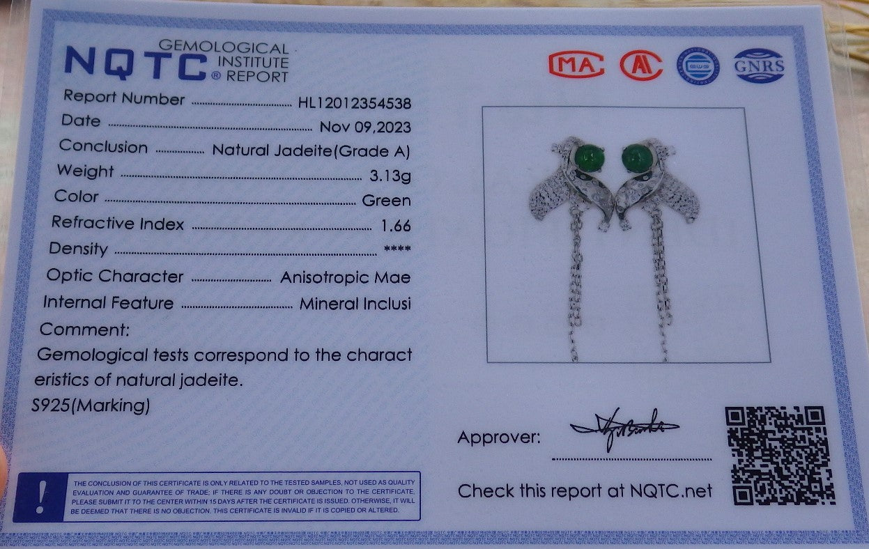 Certified Icy Green Sterling Silver 0.925 Burma Natural A Jade jadeite Cabochon Flower Earrings Earring Dangle 耳环 639631  TN