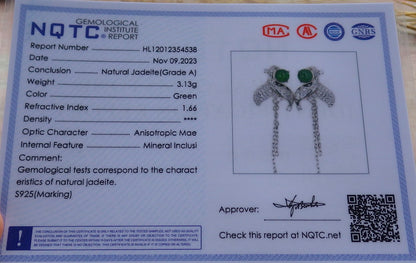 Certified Icy Green Sterling Silver 0.925 Burma Natural A Jade jadeite Cabochon Flower Earrings Earring Dangle 耳环 639631  TN