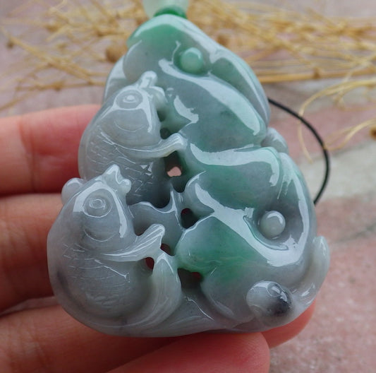 Certified Green Burma 100% Natural A Jade jadeite Pendant Fish Lotus Leaf Ruyi Necklace 年年有余 639639  TN