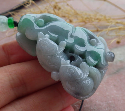Certified Green Burma 100% Natural A Jade jadeite Pendant Fish Lotus Leaf Ruyi Necklace 年年有余 639639  TN