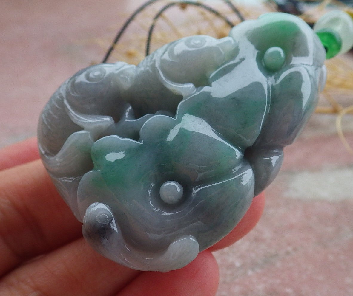 Certified Green Burma 100% Natural A Jade jadeite Pendant Fish Lotus Leaf Ruyi Necklace 年年有余 639639  TN