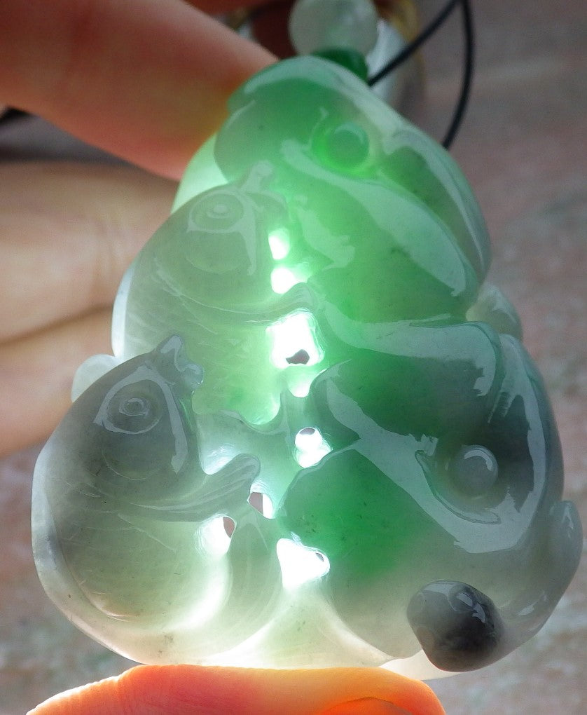 Certified Green Burma 100% Natural A Jade jadeite Pendant Fish Lotus Leaf Ruyi Necklace 年年有余 639639  TN
