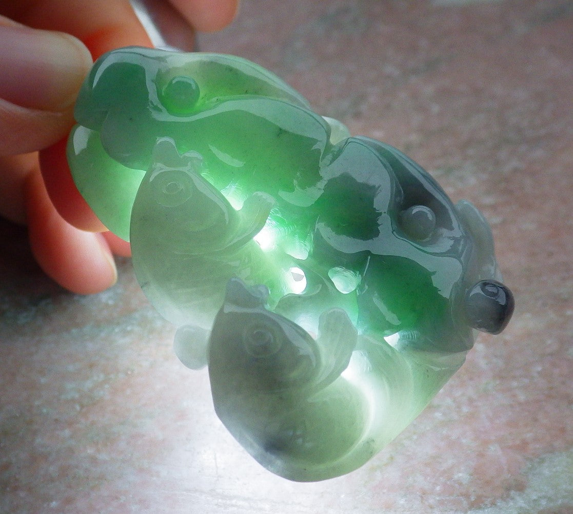 Certified Green Burma 100% Natural A Jade jadeite Pendant Fish Lotus Leaf Ruyi Necklace 年年有余 639639  TN
