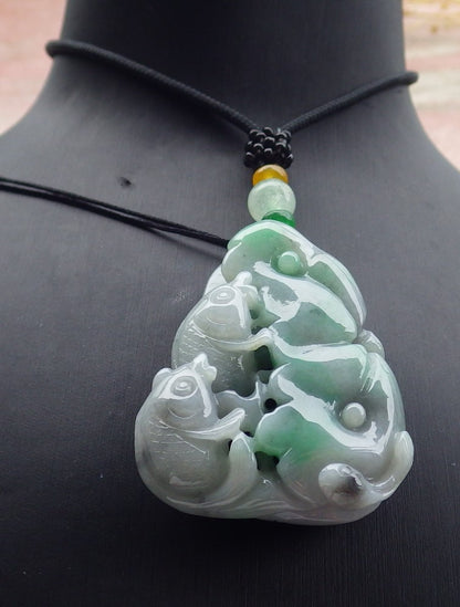 Certified Green Burma 100% Natural A Jade jadeite Pendant Fish Lotus Leaf Ruyi Necklace 年年有余 639639  TN