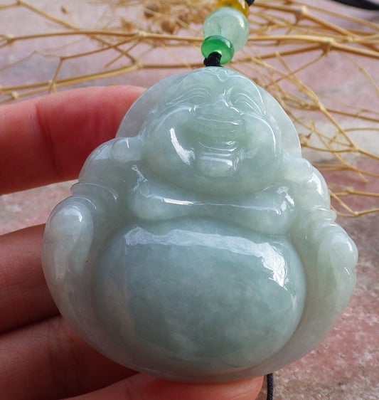 Certified Green Burma 100% Natural A Jade jadeite pendant Happy Buddha God Necklace 佛公 639712  TN
