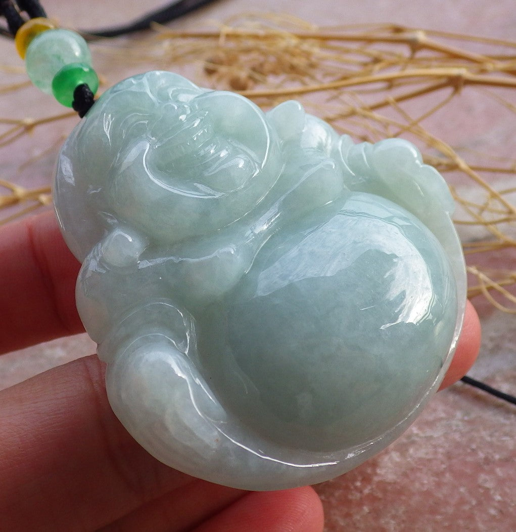 Certified Green Burma 100% Natural A Jade jadeite pendant Happy Buddha God Necklace 佛公 639712  TN