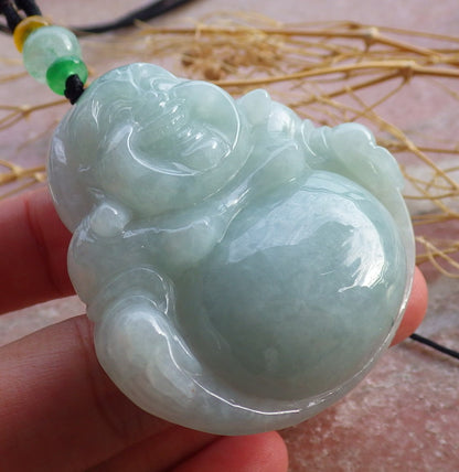 Certified Green Burma 100% Natural A Jade jadeite pendant Happy Buddha God Necklace 佛公 639712  TN