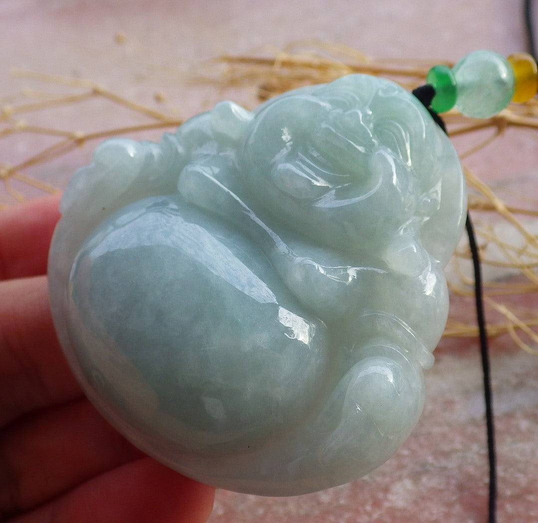 Certified Green Burma 100% Natural A Jade jadeite pendant Happy Buddha God Necklace 佛公 639712  TN