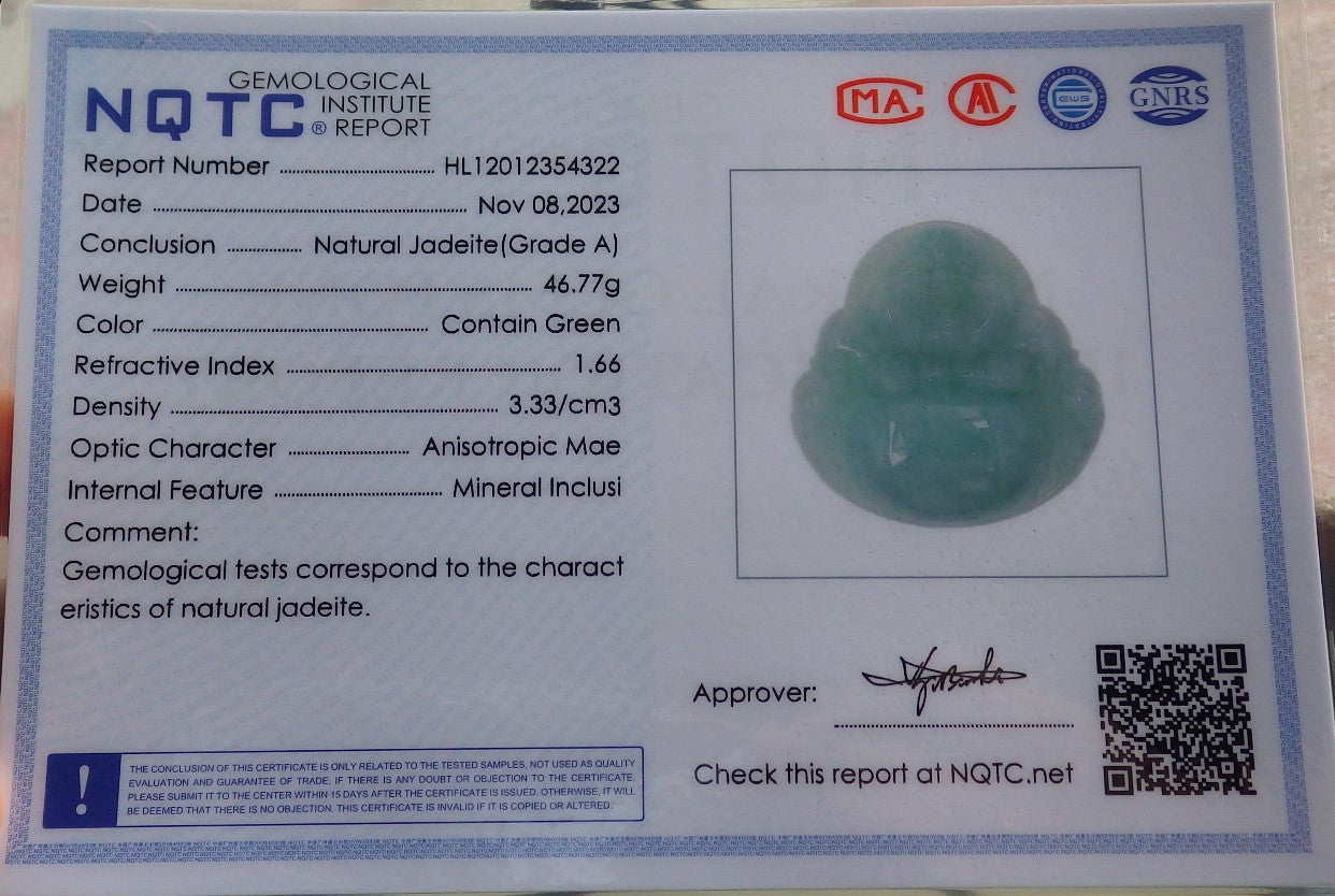 Certified Green Burma 100% Natural A Jade jadeite pendant Happy Buddha God Necklace 佛公 639712  TN