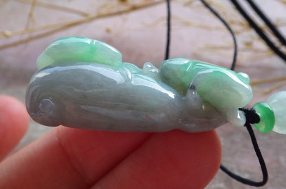 Certified Green Burma 100% Natural A Jade jadeite Pendant Frog Toad Ruyi Peach Necklace 招财蟾 639766  TN