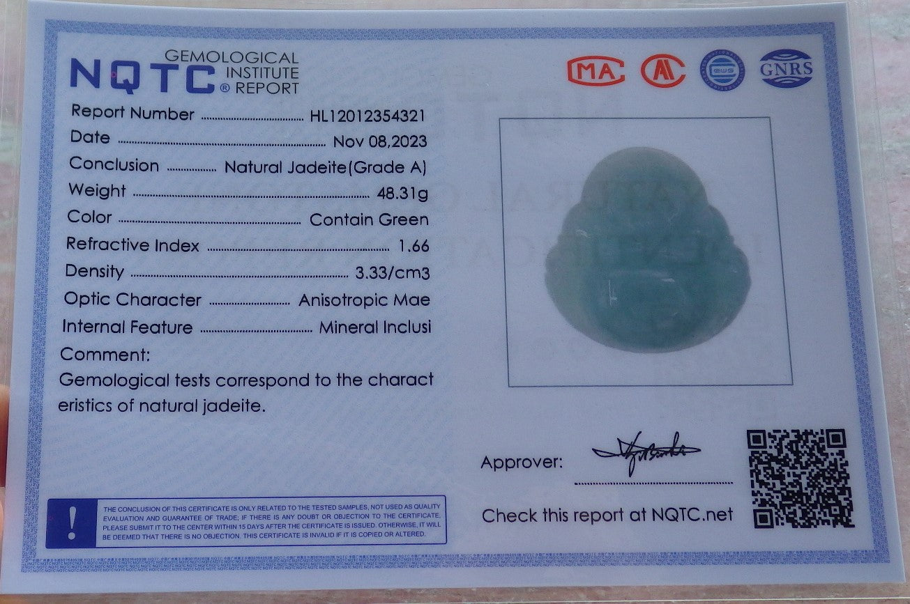 Certified Green Nurma 100% Natural A Jade jadeite Pendant Happy Buddha God Necklace 开心佛 639813  TN