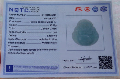 Certified Green Nurma 100% Natural A Jade jadeite Pendant Happy Buddha God Necklace 开心佛 639813  TN