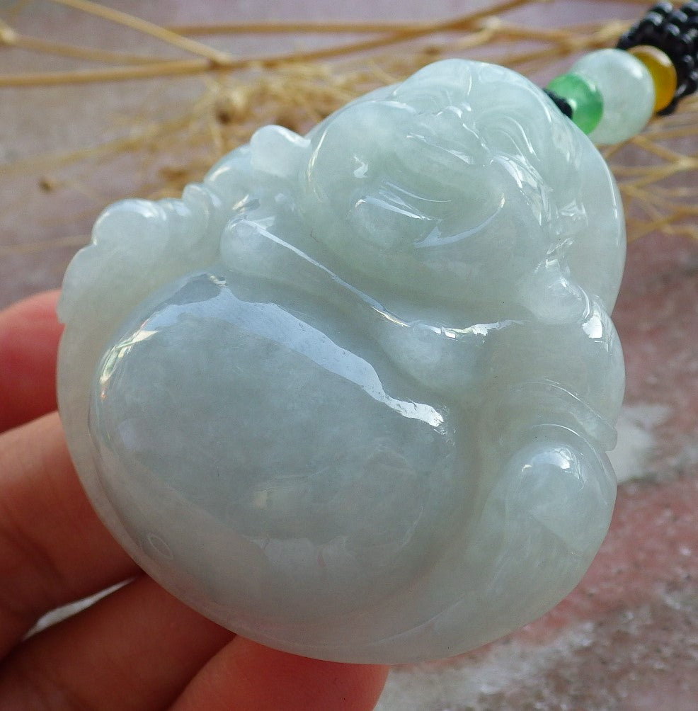 Certified Green Nurma 100% Natural A Jade jadeite Pendant Happy Buddha God Necklace 开心佛 639910  TN