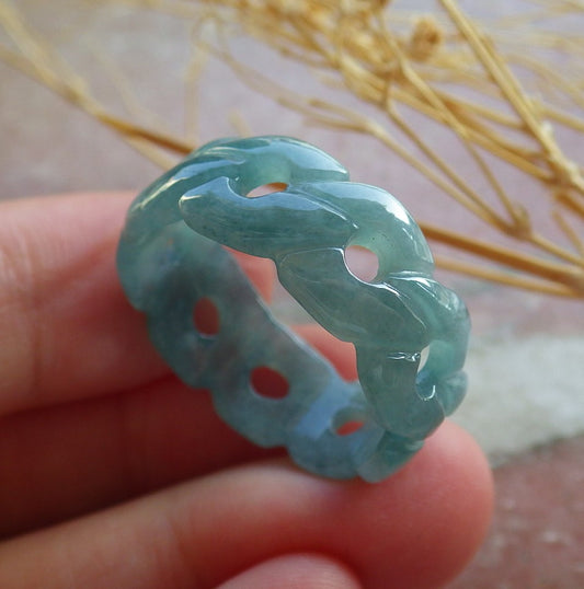 Certified Icy Green Burma 100% Natural A JADE Jadeite Knotted RING USA. 10.25 戒指 639934  TN