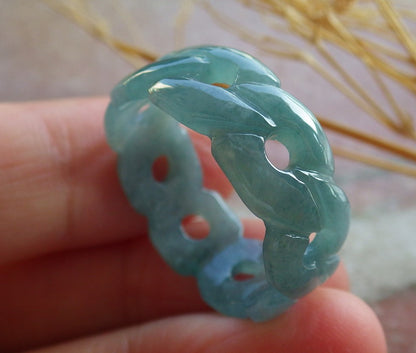 Certified Icy Green Burma 100% Natural A JADE Jadeite Knotted RING USA. 10.25 戒指 639934  TN