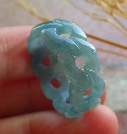 Certified Icy Green Burma 100% Natural A JADE Jadeite Knotted RING USA. 10.25 戒指 639934  TN