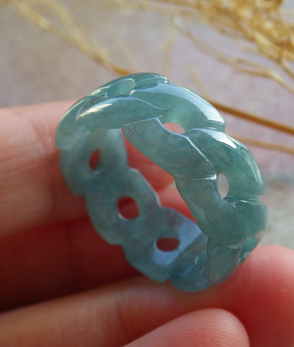 Certified Icy Green Burma 100% Natural A JADE Jadeite Knotted RING USA. 10.25 戒指 639934  TN