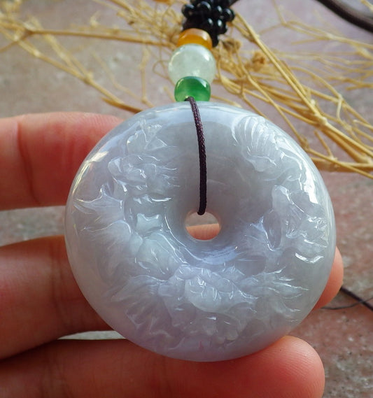 Certified Lavender Green Burma 100% Natural A Jade jadeite Pendant Butterfly Flower Circle Necklace 平安扣 639953  TN