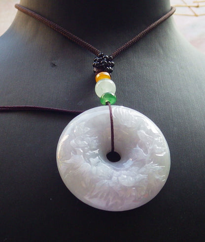 Certified Lavender Green Burma 100% Natural A Jade jadeite Pendant Butterfly Flower Circle Necklace 平安扣 639953  TN