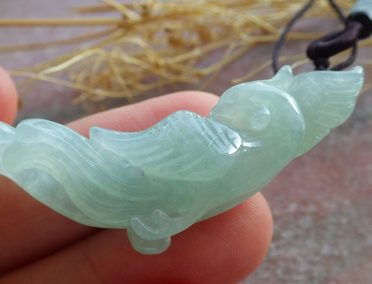 Certified Icy Green Burma 100% Natural A Jade jadeite Pendant Phoenix Ruyi Necklace 凤凰 639968  TN