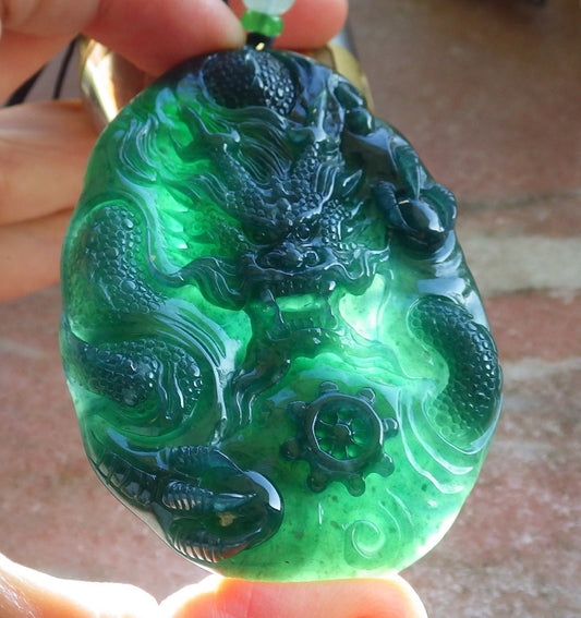 Certified Icy Blue Water Green Burma 100% Natural A Jade jadeite Pendant Dragon Bead Necklace 生意兴隆 640003  TN