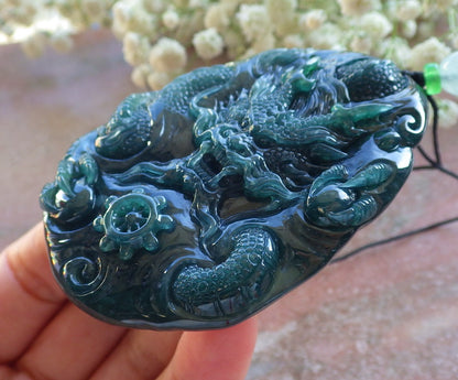 Certified Icy Blue Water Green Burma 100% Natural A Jade jadeite Pendant Dragon Bead Necklace 生意兴隆 640003  TN