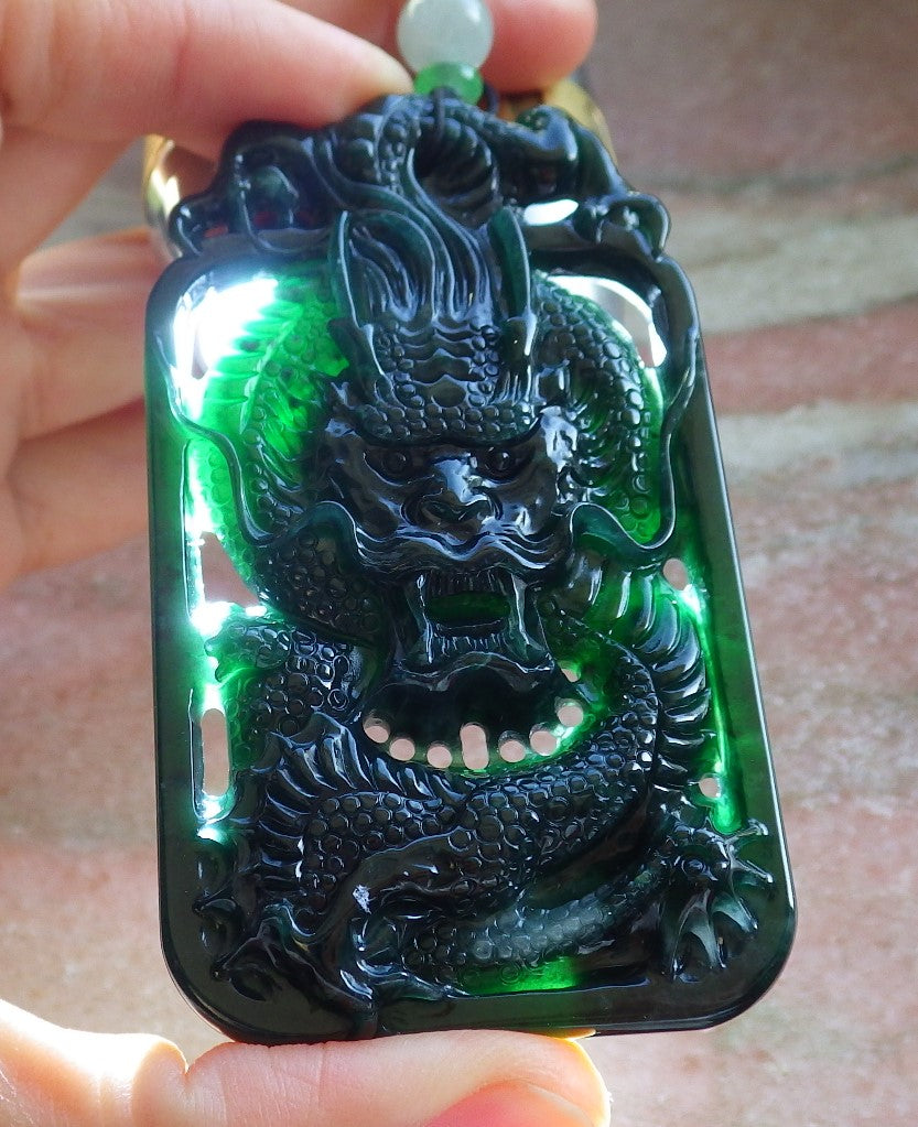 Certified Icy Blue Water Green Burma 100% Natural A Jade jadeite Pendant Dragon Coin Necklace 生意兴隆 640012  TN