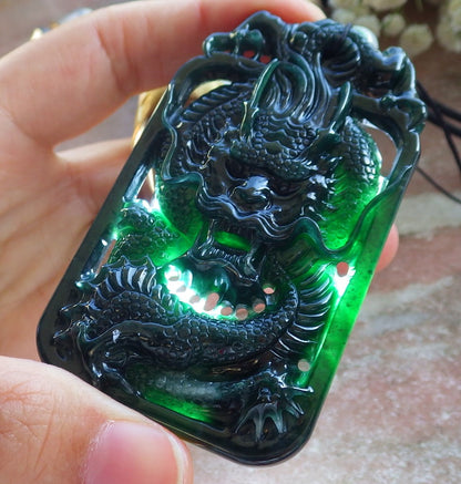 Certified Icy Blue Water Green Burma 100% Natural A Jade jadeite Pendant Dragon Coin Necklace 生意兴隆 640012  TN