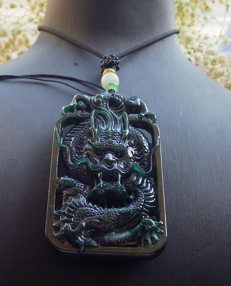 Certified Icy Blue Water Green Burma 100% Natural A Jade jadeite Pendant Dragon Coin Necklace 生意兴隆 640012  TN