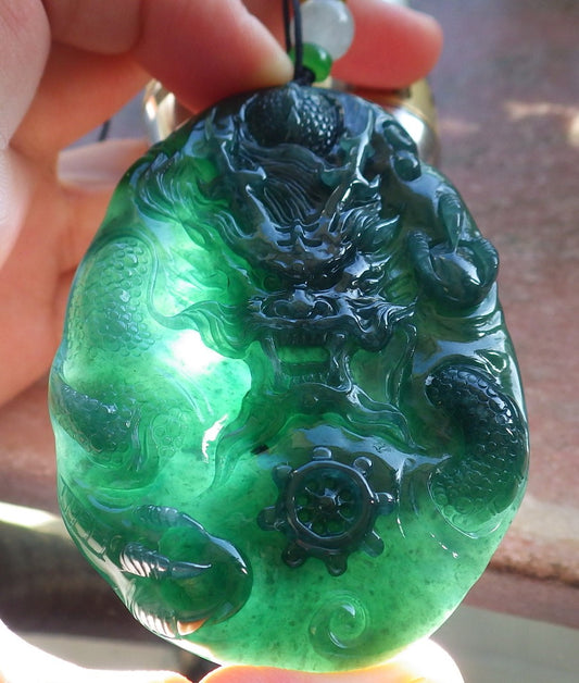 Certified Icy Blue Water Green Burma 100% Natural A Jade jadeite Pendant Dragon Bead Necklace 生意兴隆 640046  TN