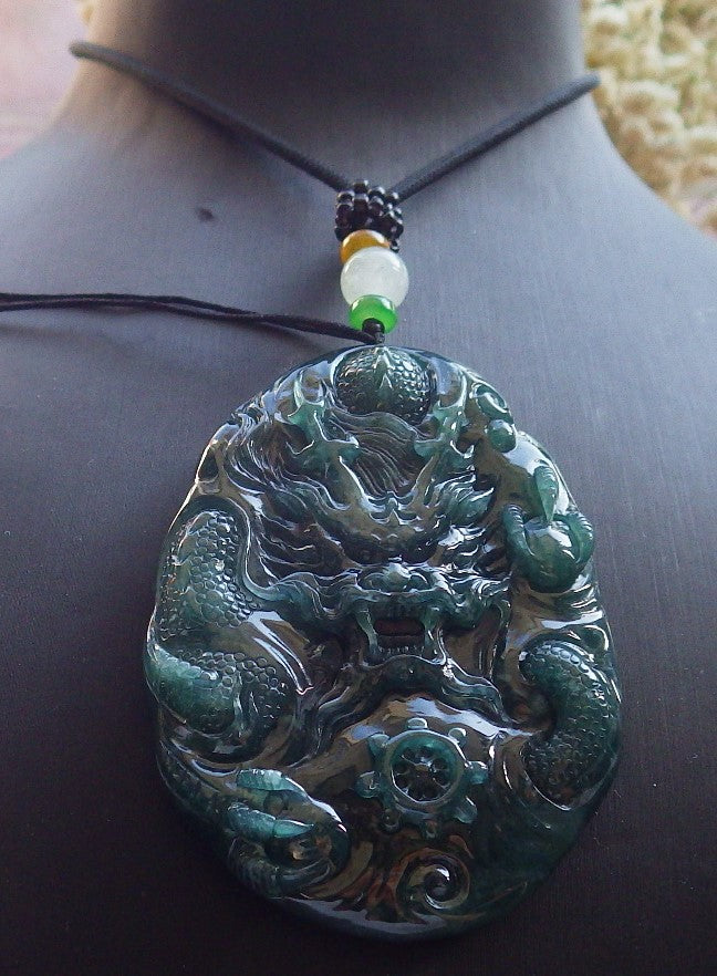 Certified Icy Blue Water Green Burma 100% Natural A Jade jadeite Pendant Dragon Bead Necklace 生意兴隆 640046  TN
