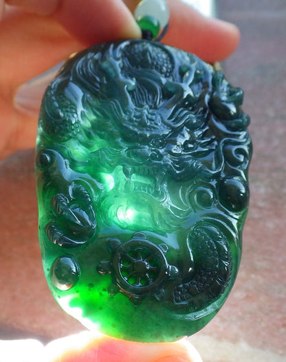 Certified Icy Blue Water Green Burma 100% Natural A Jade jadeite Pendant Dragon Bead Necklace 生意兴隆 640088  TN