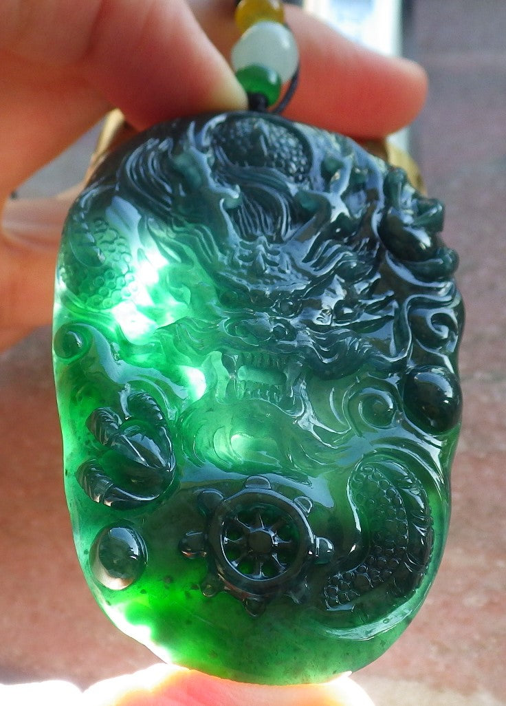 Certified Icy Blue Water Green Burma 100% Natural A Jade jadeite Pendant Dragon Bead Necklace 生意兴隆 640088  TN