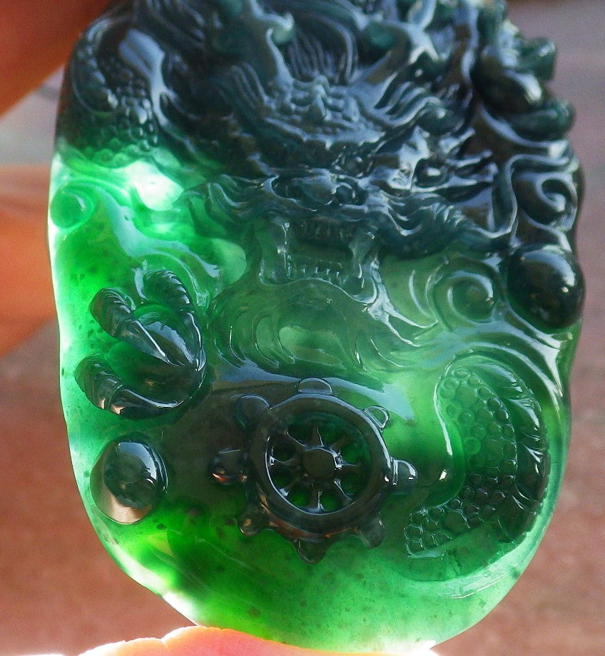 Certified Icy Blue Water Green Burma 100% Natural A Jade jadeite Pendant Dragon Bead Necklace 生意兴隆 640088  TN