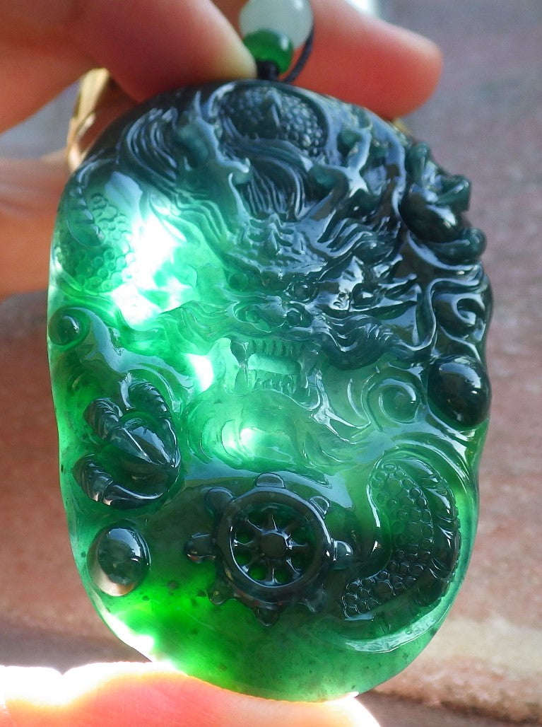 Certified Icy Blue Water Green Burma 100% Natural A Jade jadeite Pendant Dragon Bead Necklace 生意兴隆 640088  TN