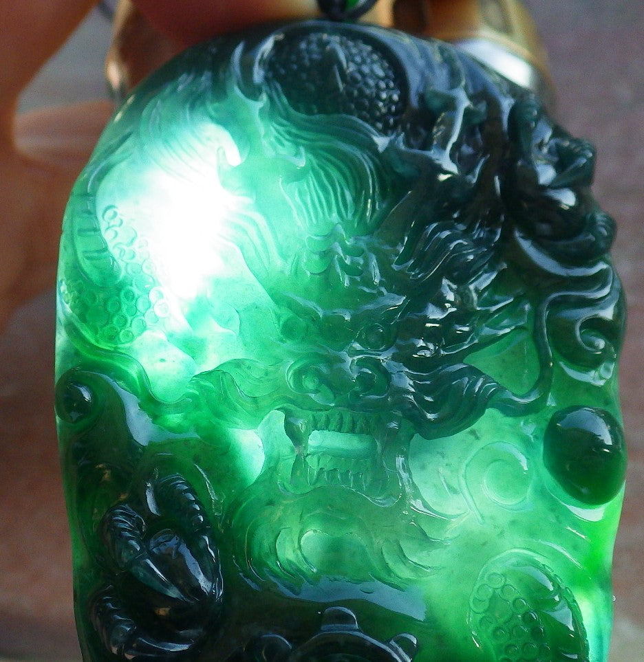 Certified Icy Blue Water Green Burma 100% Natural A Jade jadeite Pendant Dragon Bead Necklace 生意兴隆 640088  TN