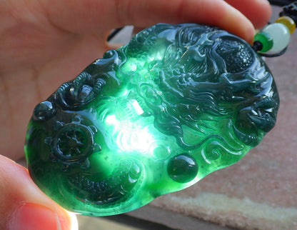 Certified Icy Blue Water Green Burma 100% Natural A Jade jadeite Pendant Dragon Bead Necklace 生意兴隆 640088  TN