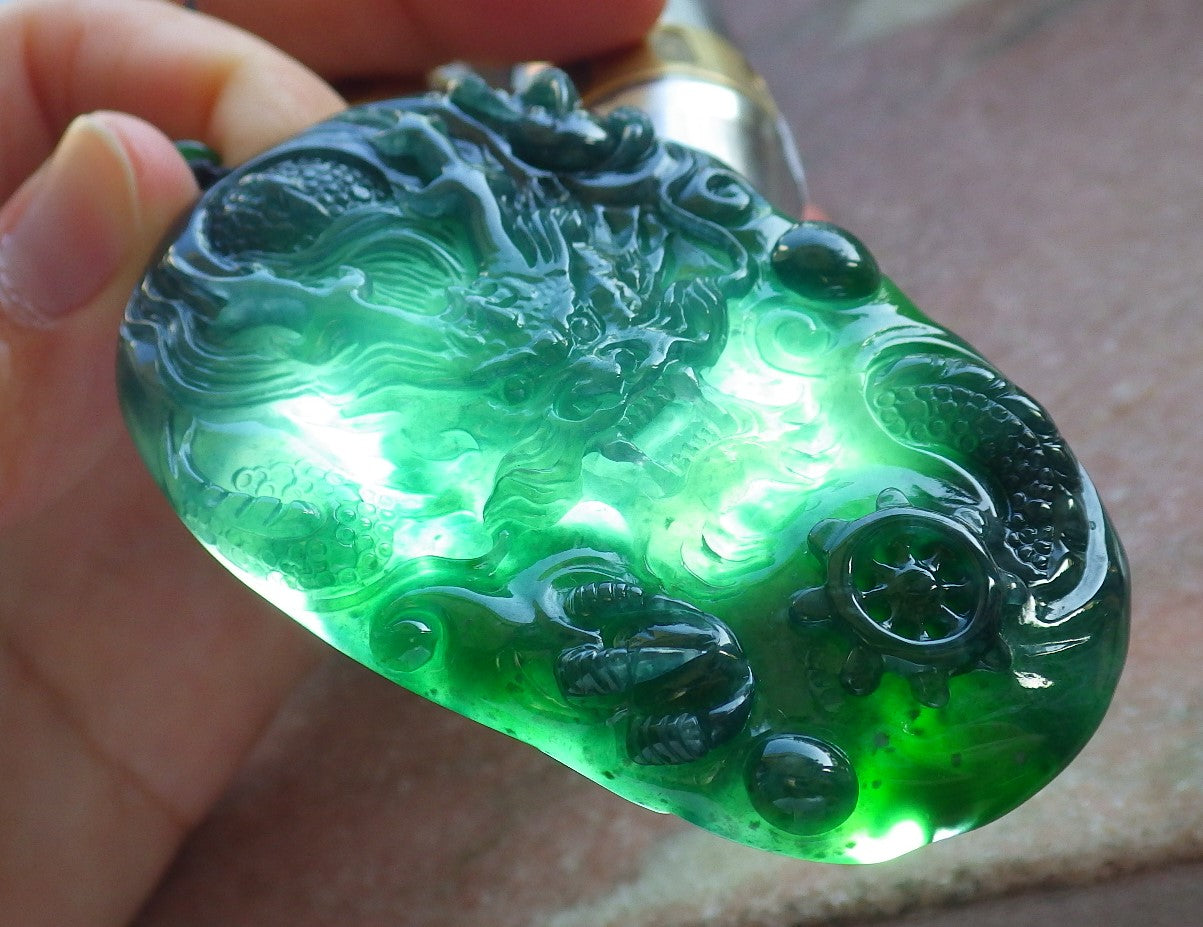 Certified Icy Blue Water Green Burma 100% Natural A Jade jadeite Pendant Dragon Bead Necklace 生意兴隆 640088  TN