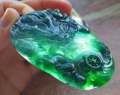 Certified Icy Blue Water Green Burma 100% Natural A Jade jadeite Pendant Dragon Bead Necklace 生意兴隆 640088  TN