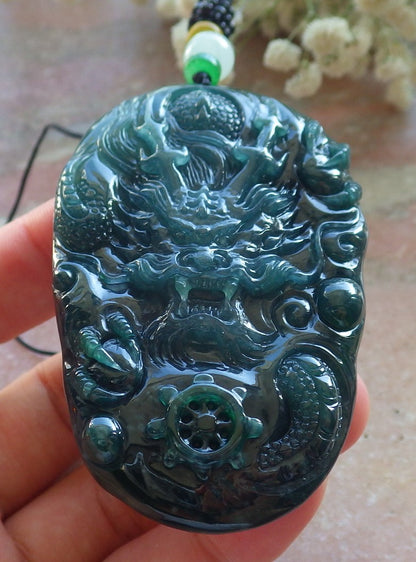 Certified Icy Blue Water Green Burma 100% Natural A Jade jadeite Pendant Dragon Bead Necklace 生意兴隆 640088  TN