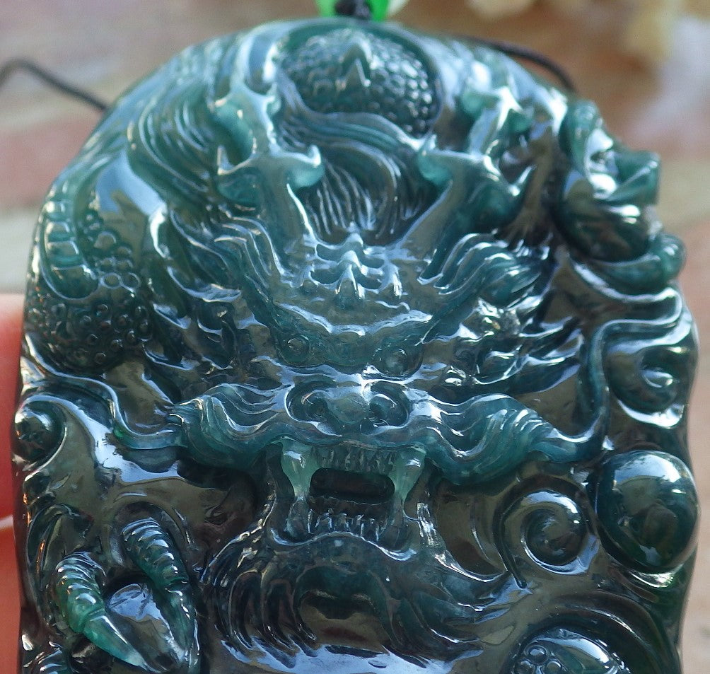 Certified Icy Blue Water Green Burma 100% Natural A Jade jadeite Pendant Dragon Bead Necklace 生意兴隆 640088  TN